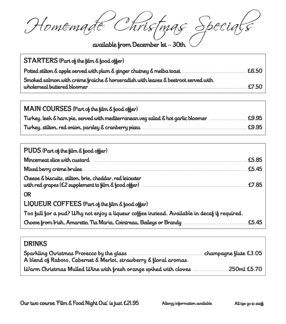 The Red Carpet Cinema and Cafe Bar Christmas Menu