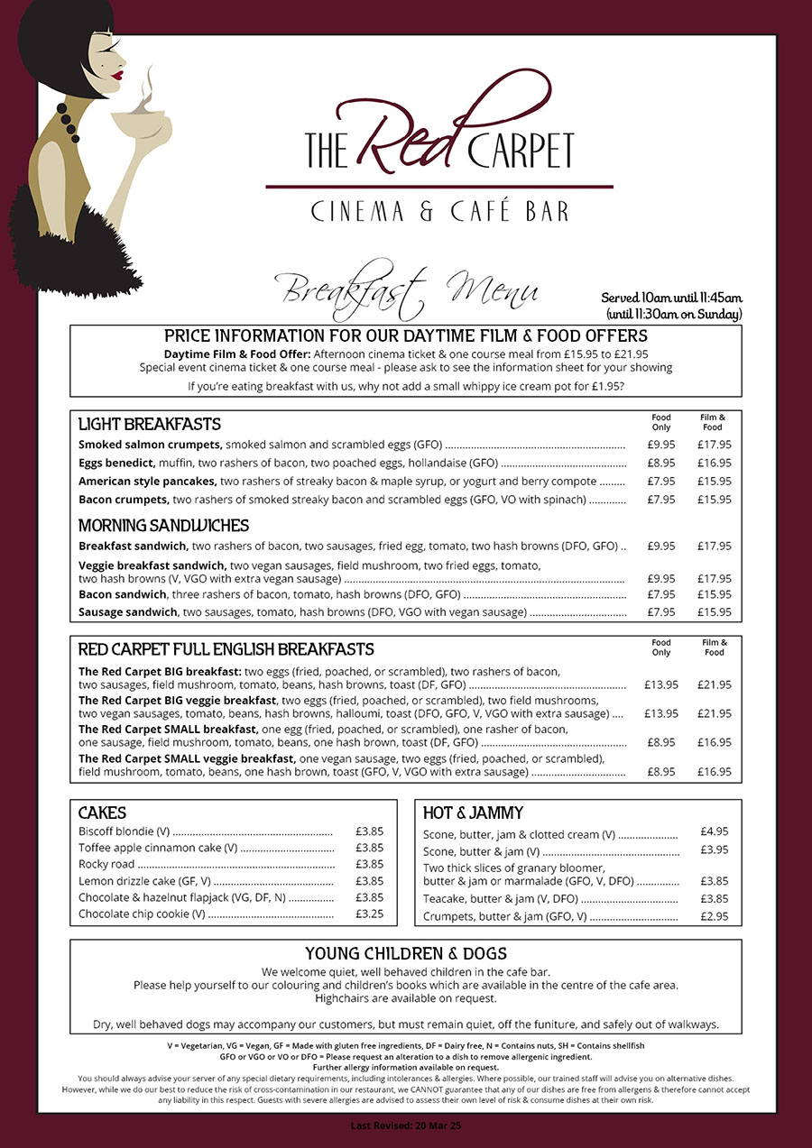 The Red Carpet Cinema and Cafe Bar - Brunch Menu