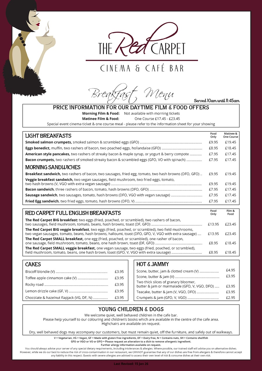 The Red Carpet Cinema and Cafe Bar - Brunch Menu