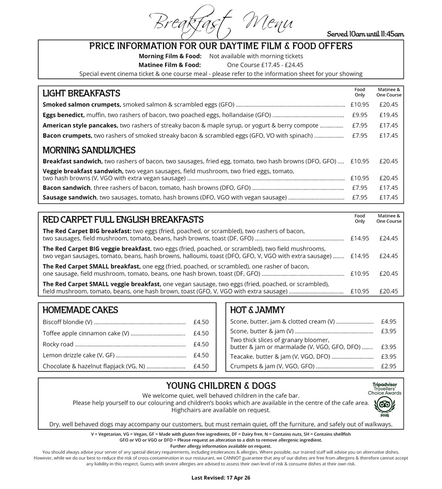 The Red Carpet Cinema and Cafe Bar - Brunch Menu