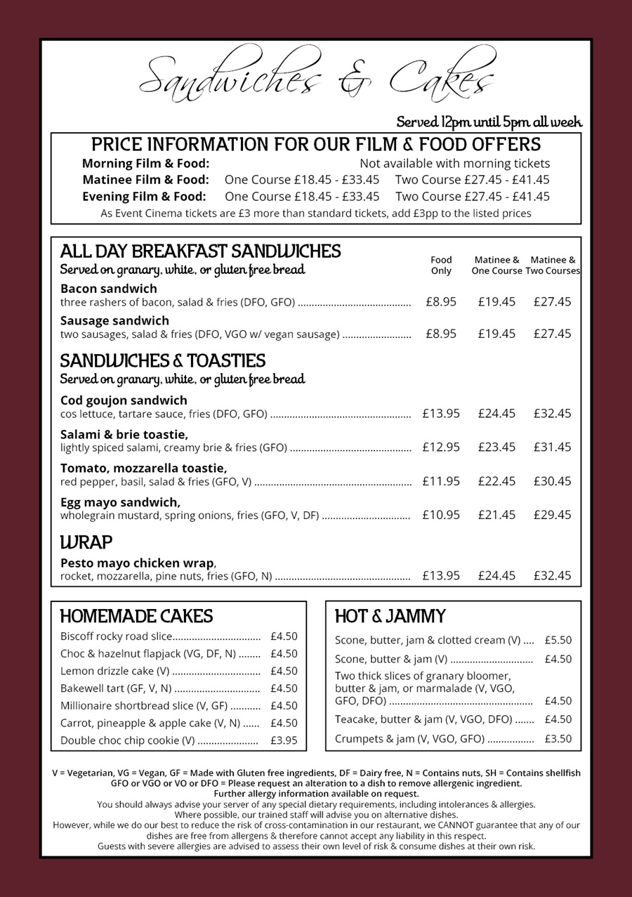 The Red Carpet Cinema and Cafe Bar - Sandwiches Menu
