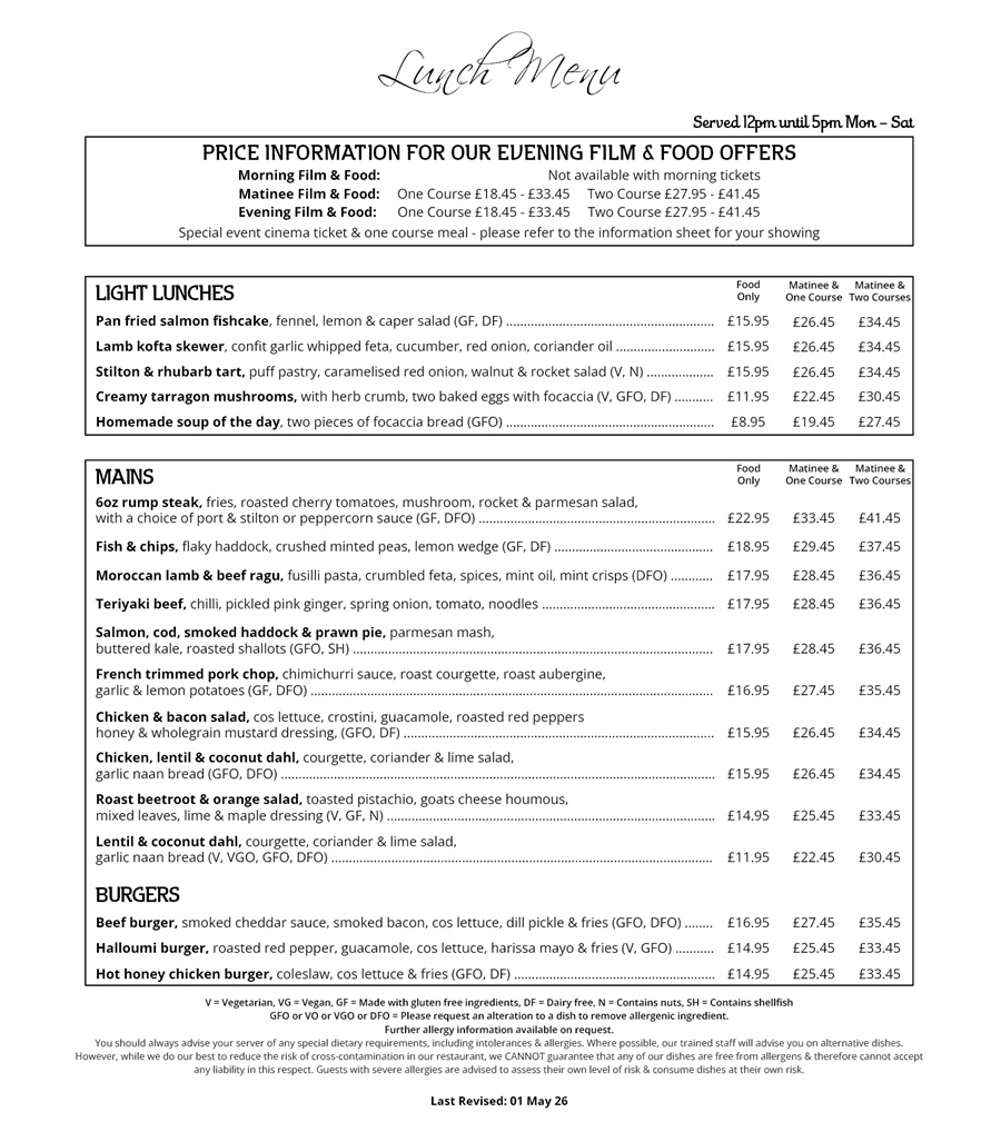 The Red Carpet Cinema and Cafe Bar - Lunch Menu