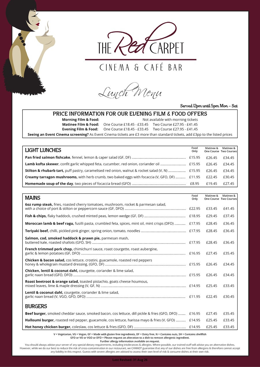 The Red Carpet Cinema and Cafe Bar - Lunch Menu