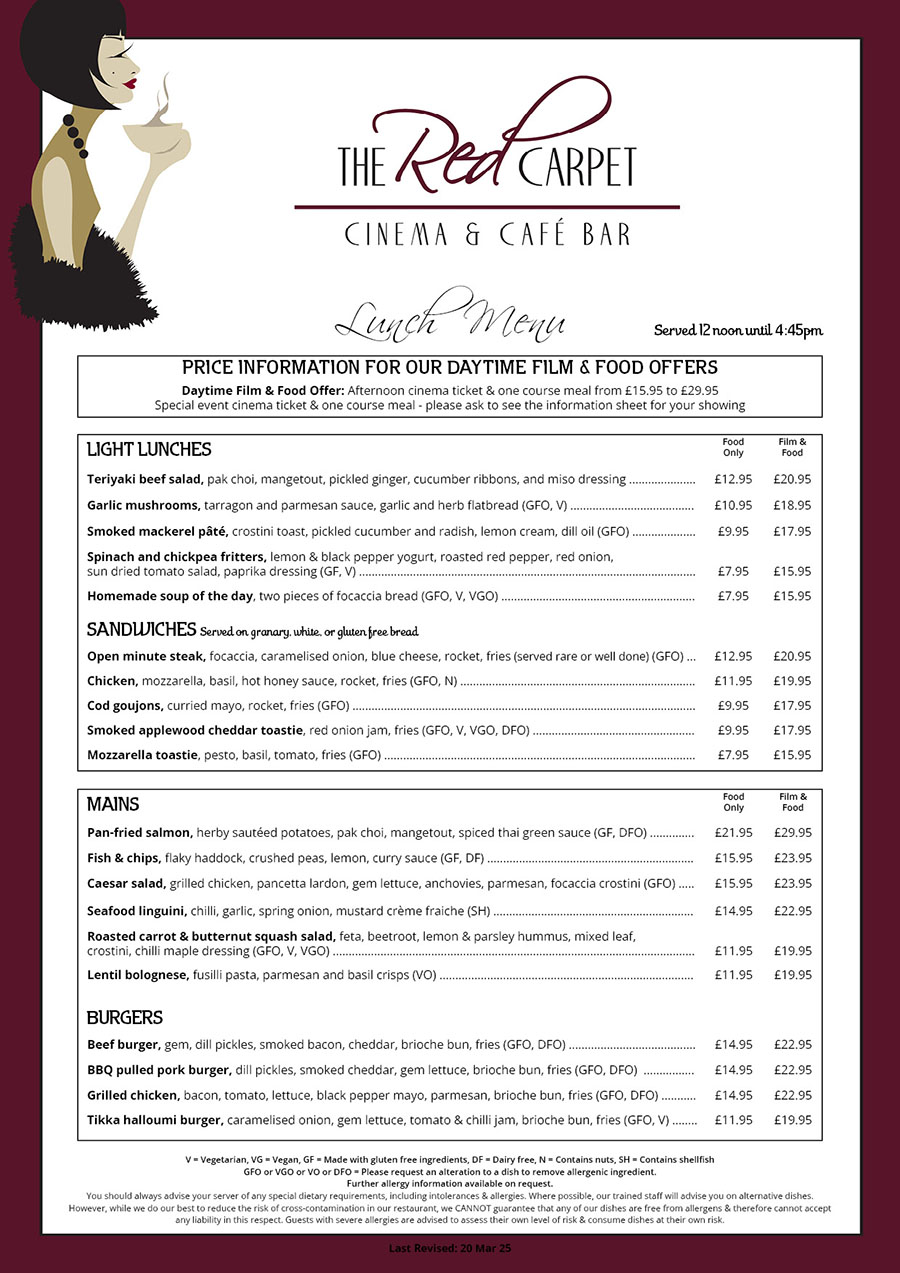 The Red Carpet Cinema and Cafe Bar - Lunch Menu