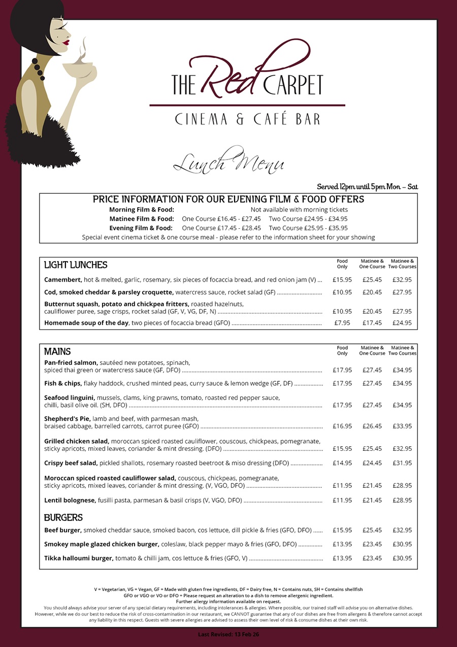 The Red Carpet Cinema and Cafe Bar - Lunch Menu