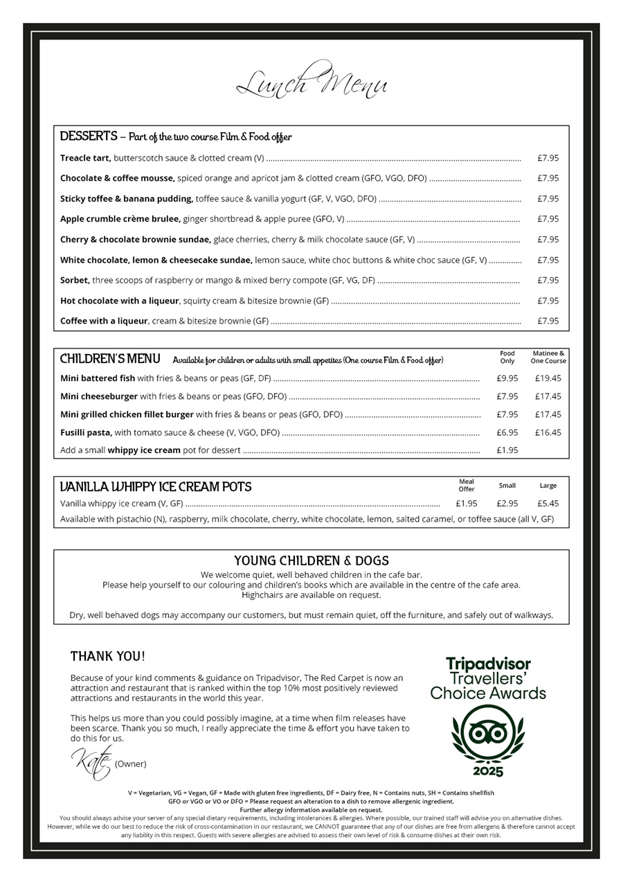 The Red Carpet Cinema and Cafe Bar - Lunch Menu
