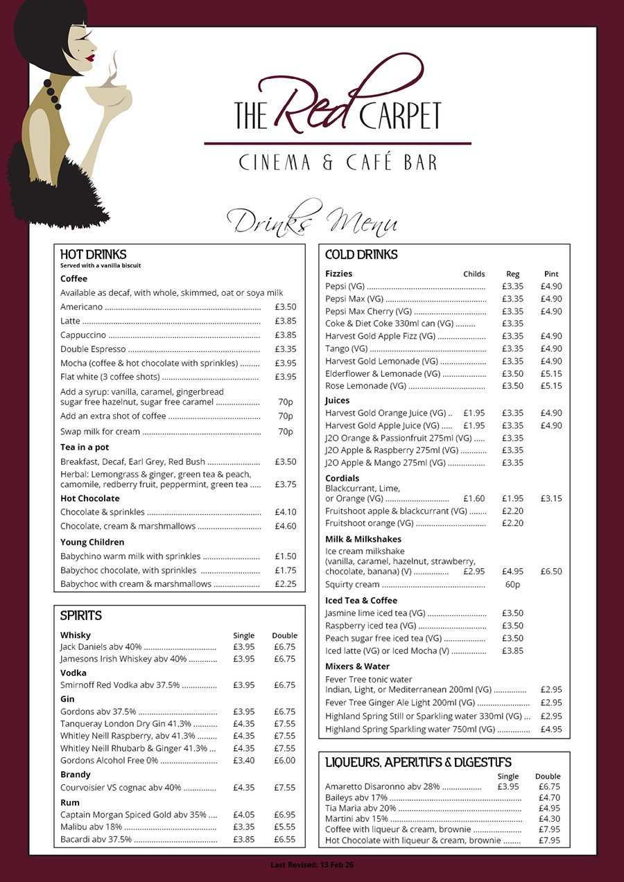 The Red Carpet Cinema and Cafe Bar - Drinks Menu
