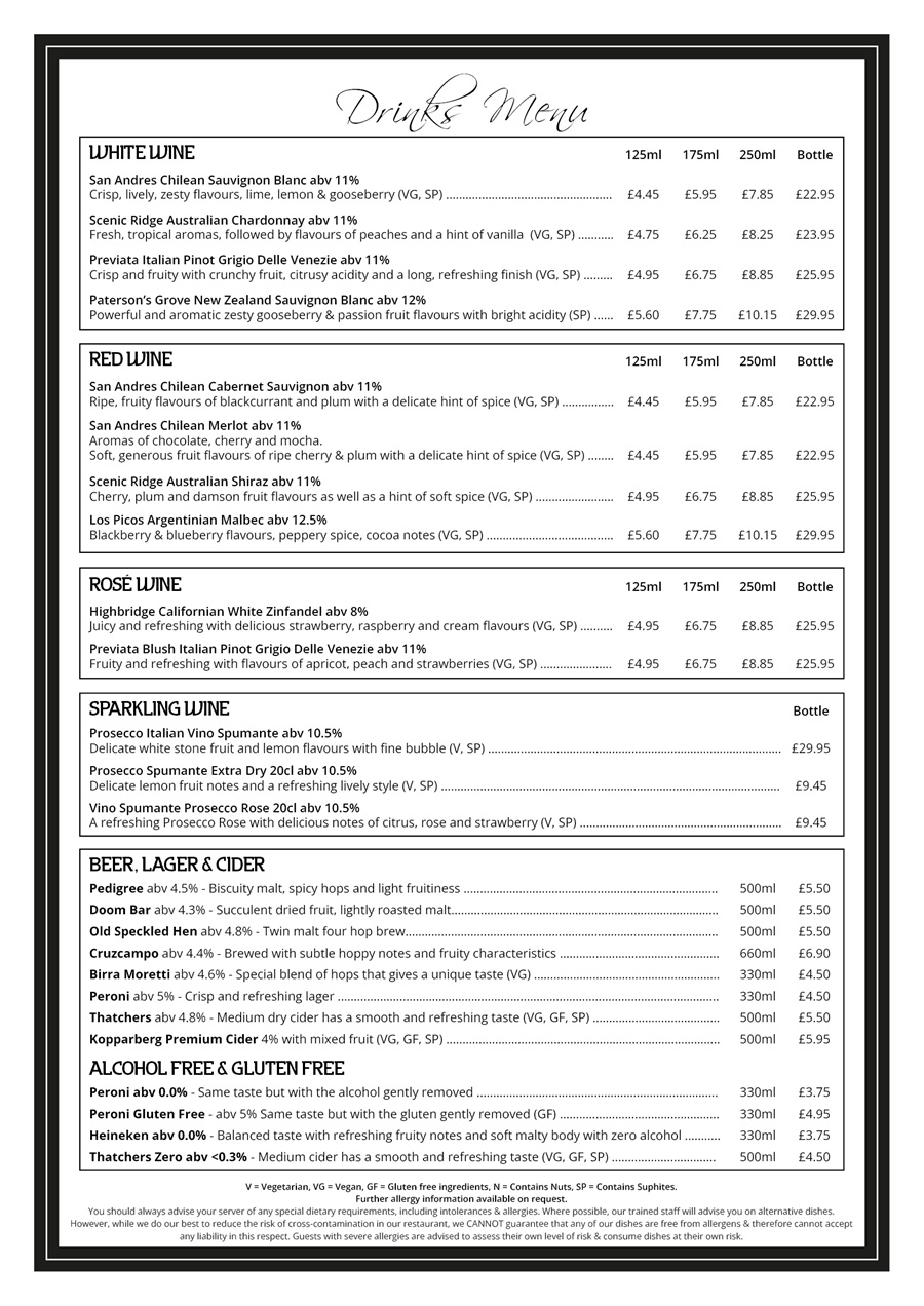 The Red Carpet Cinema and Cafe Bar - Drinks Menu