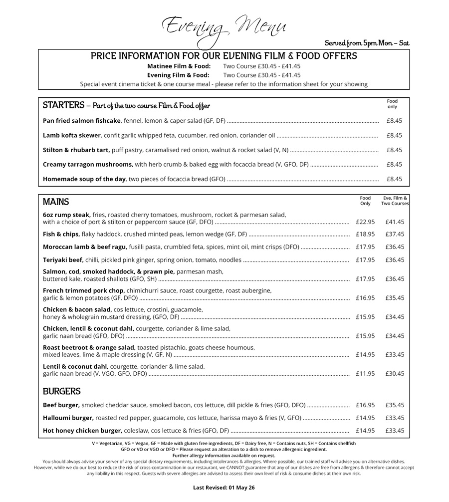 The Red Carpet Cinema and Cafe Bar - Evening Menu