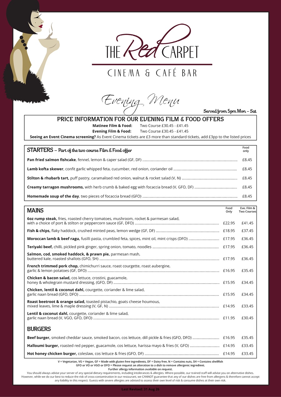The Red Carpet Cinema and Cafe Bar - Evening Menu