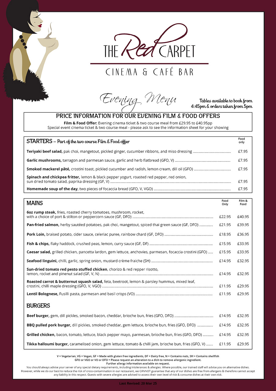 The Red Carpet Cinema and Cafe Bar - Evening Menu
