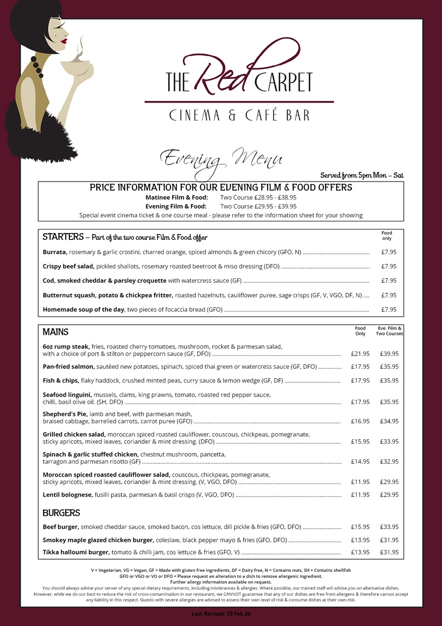 The Red Carpet Cinema and Cafe Bar - Evening Menu