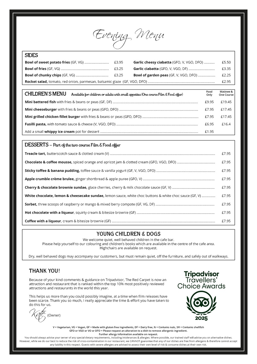 The Red Carpet Cinema and Cafe Bar - Evening Menu