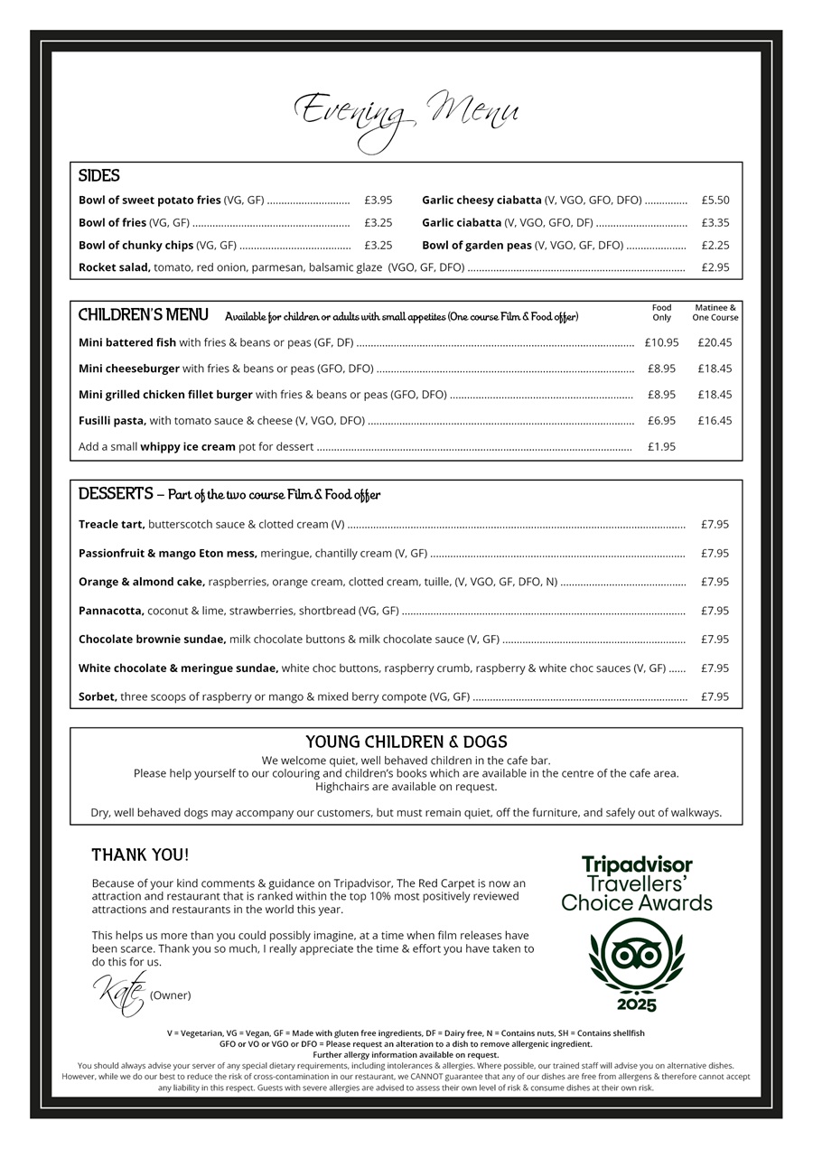 The Red Carpet Cinema and Cafe Bar - Evening Menu
