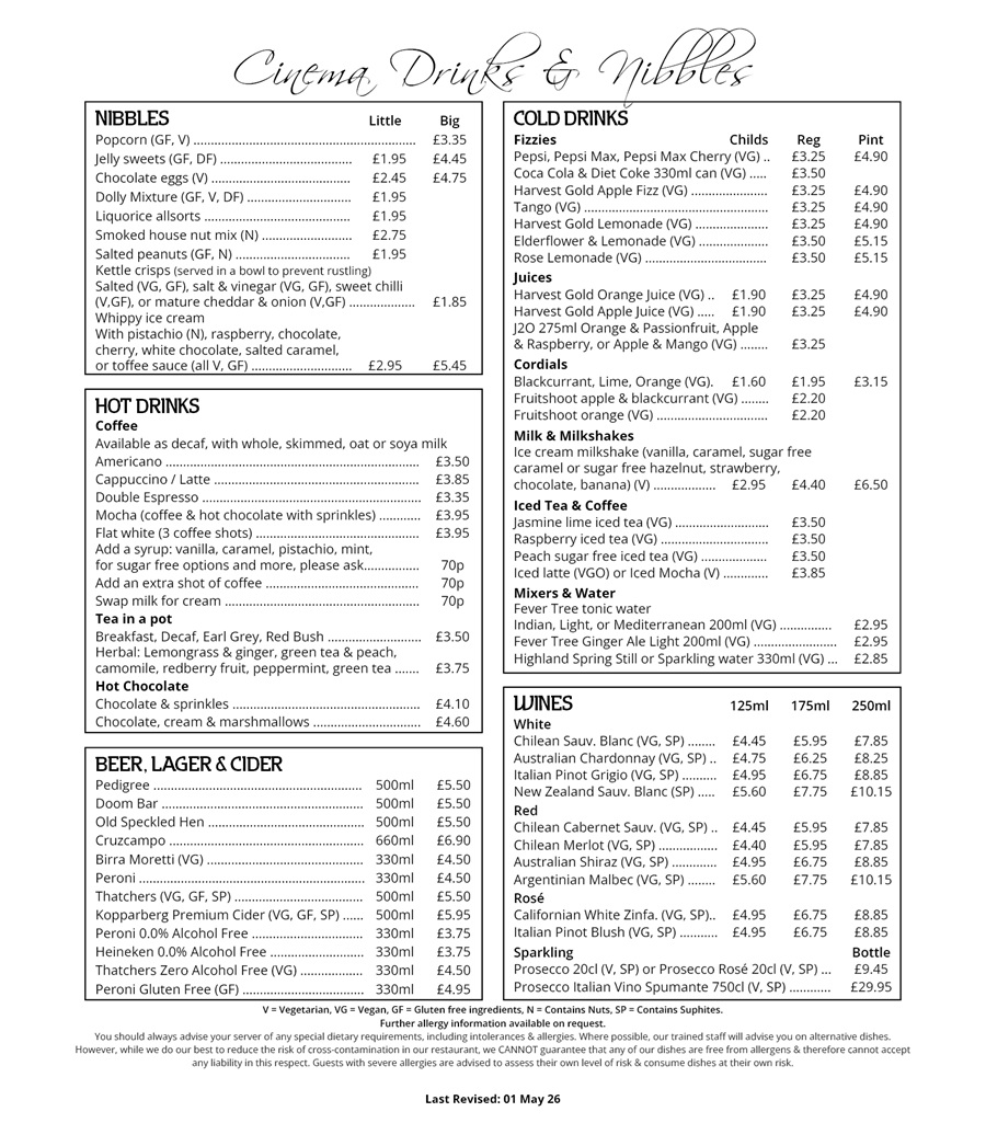 The Red Carpet Cinema and Cafe Bar - Snacks Menu