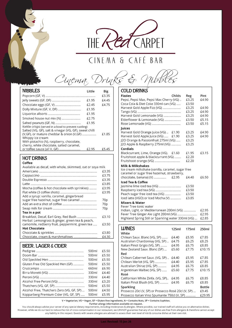 The Red Carpet Cinema and Cafe Bar - Snacks Menu