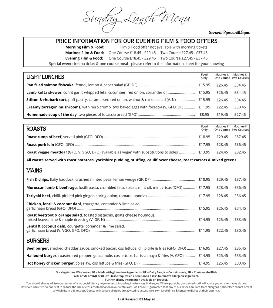 The Red Carpet Cinema and Cafe Bar - Sunday Lunch Menu