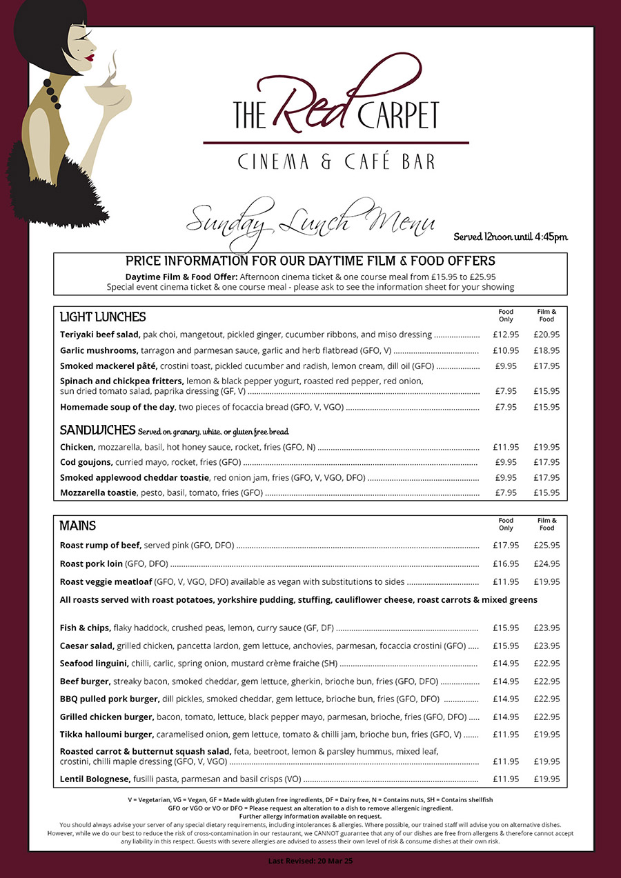 The Red Carpet Cinema and Cafe Bar - Sunday Lunch Menu