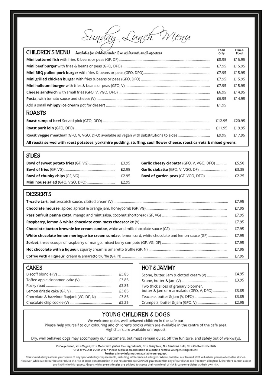 The Red Carpet Cinema and Cafe Bar - Sunday Lunch Menu