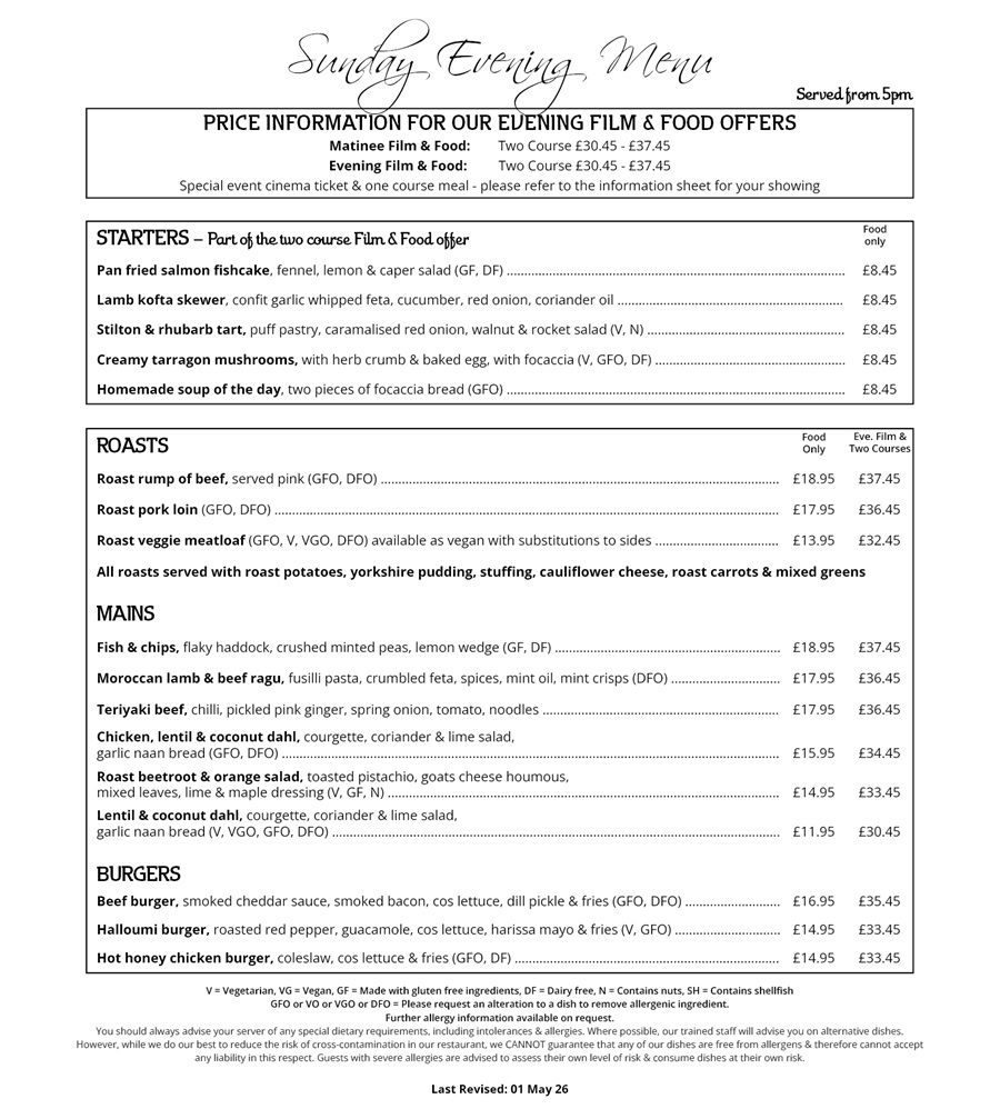 The Red Carpet Cinema and Cafe Bar - Sunday Menu