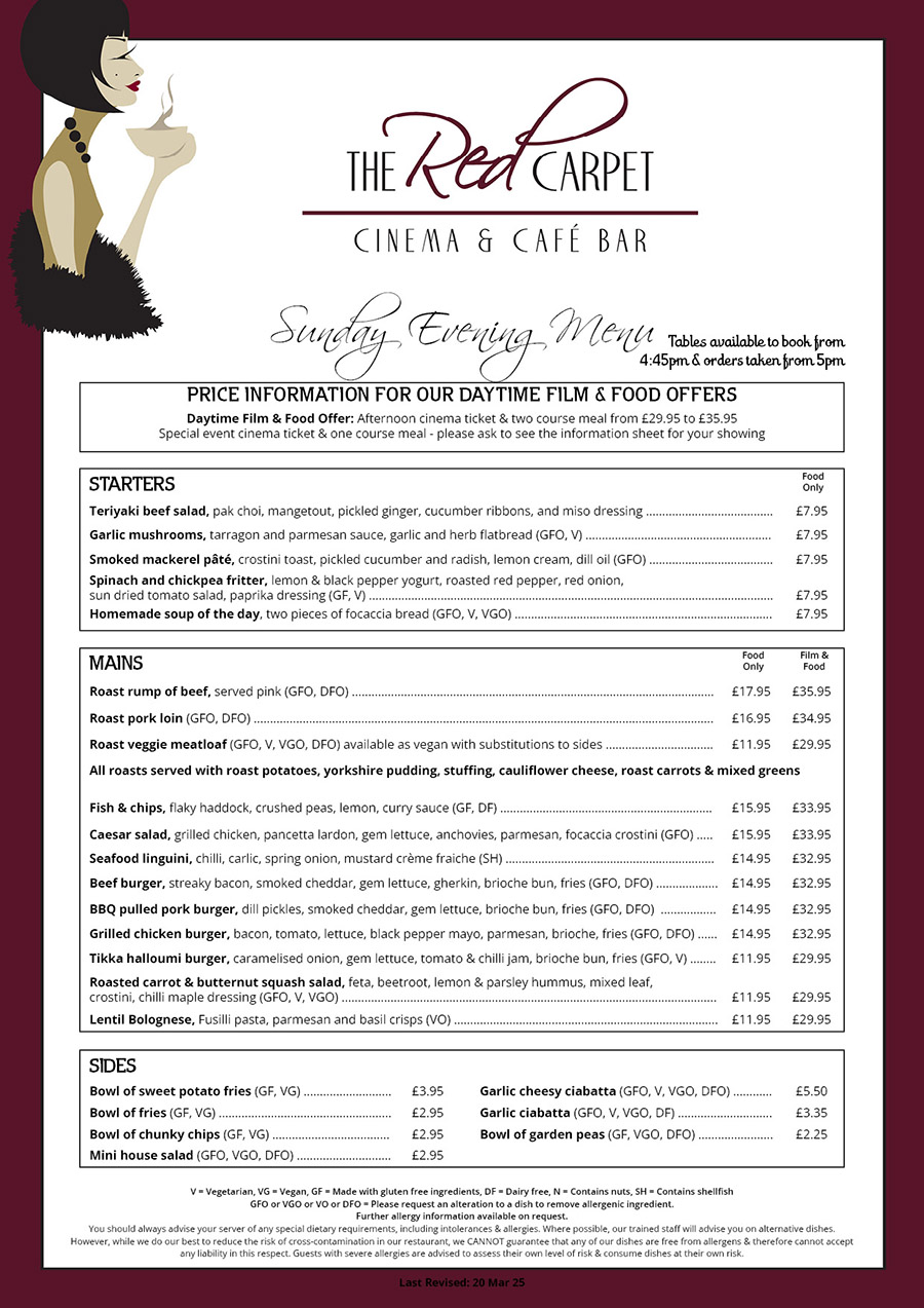 The Red Carpet Cinema and Cafe Bar - Sunday Menu