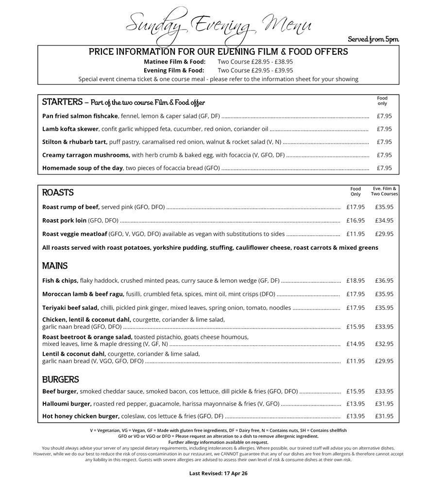 The Red Carpet Cinema and Cafe Bar - Sunday Menu