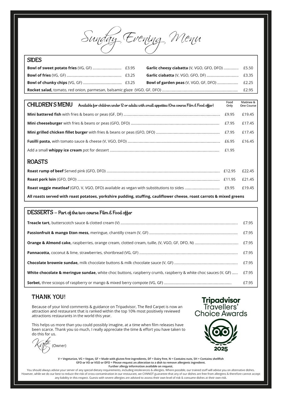 The Red Carpet Cinema and Cafe Bar - Sunday Menu